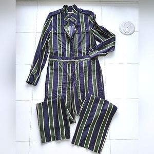 Burberry jumpsuit.  Cotton and silk stripes with silver snap details.  Size 6